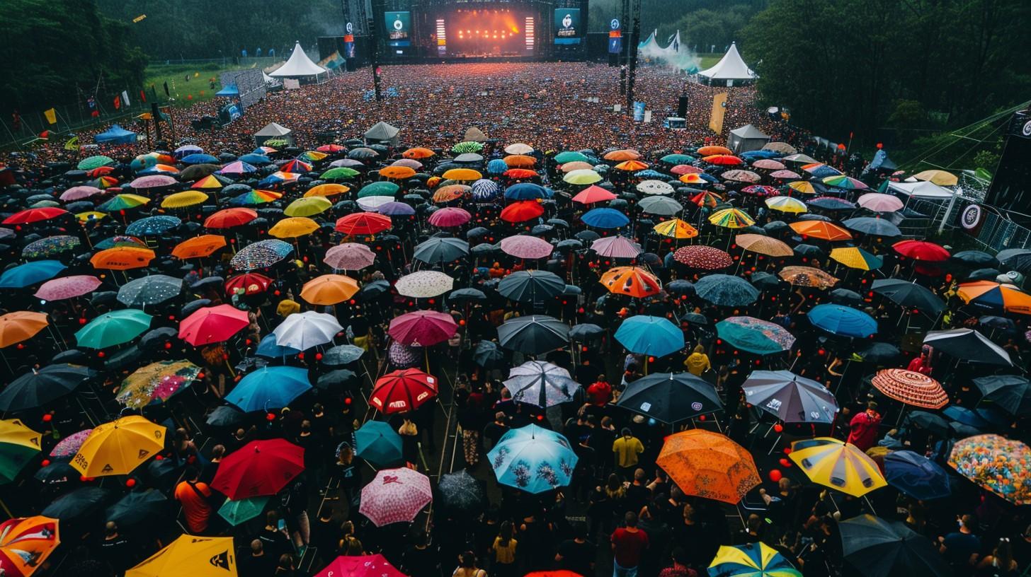 A festival crowd packed in front of the main stage under a sea of umbrellas, in the rain