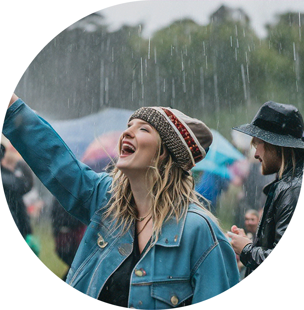 A UK outdoor event under a rainy sky